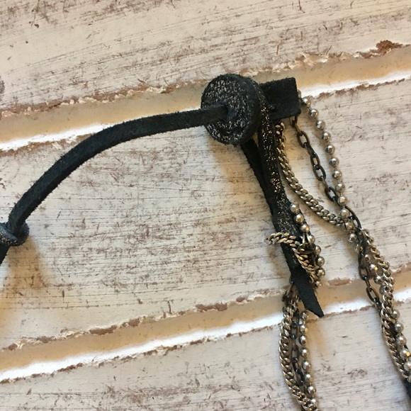 Long multi chain necklace with leather accent. - Picture 4 of 5